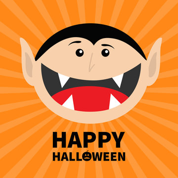 Happy Halloween pumpkin text. Count Dracula head face. Cute cartoon vampire character with fangs. Big mouth tongue. Baby greeting card. Flat design. Orange starburst background. Isolated.