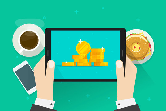 Money on tablet vector illustration, flat cartoon cash or golden coins on screen, idea of big financial profit, rich businessman, internet money