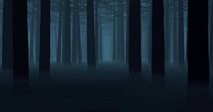 Spooky forest loop / 3D animation of endless camera pan through dark misty forest