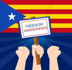 Human hand holding the white placard with written text of independence day referendum of Catalonia illustration vector