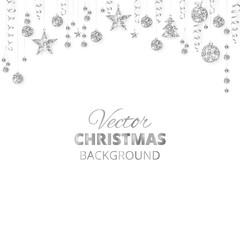Fototapeta na wymiar Sparkling Christmas glitter ornaments. Silver fiesta border, festive garland with hanging balls and ribbons isolated on white.