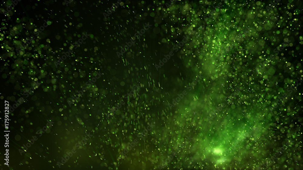 Poster glowing green particles abstract background rendered with dof and motion blur