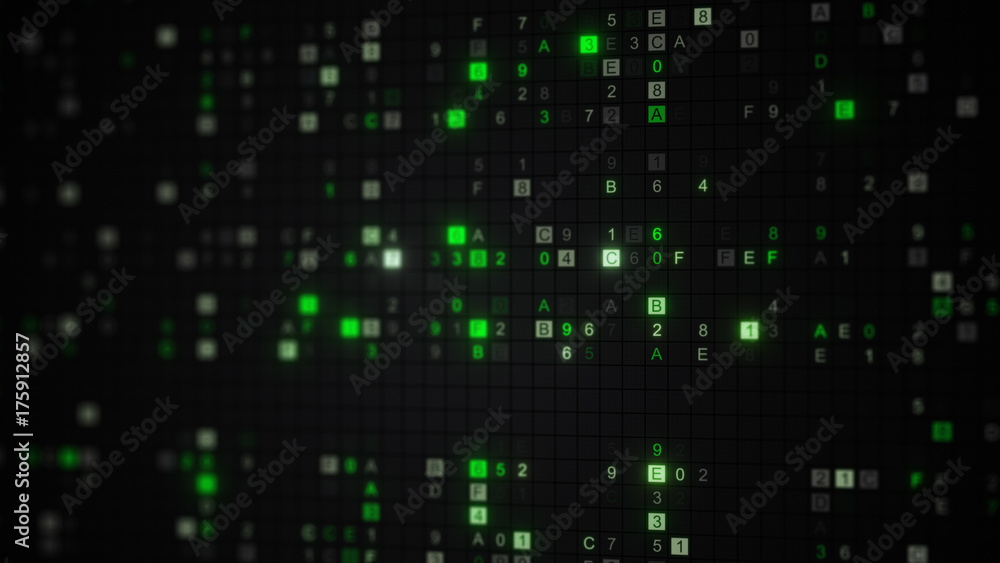Poster glowing green digital code on computer screen