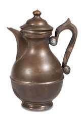 Old metal jug with a lid on a white background