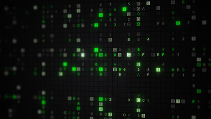 Glowing green digital code on computer screen