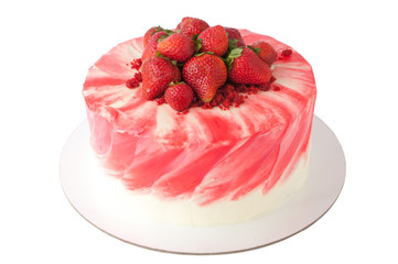 Cake red velvet with whipped red cream, fresh strawberries. Picture for a menu or a confectionery catalog. Isolated.