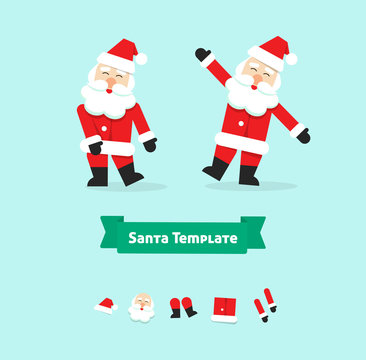 Christmas Santa Claus collection paper style vector illustration symbol, happy new year father, icon isolated on white background, dancing, funny dance, label, flat, xmas hat, beard, body, legs, face