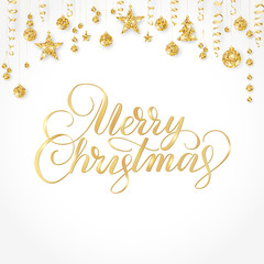 Fototapeta na wymiar Merry Christmas hand written lettering. Golden glitter border, garland with hanging balls and ribbons.