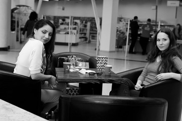 Girls shopping black and white photo