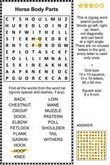 Horse body parts themed zigzag word search puzzle (suitable both for kids and adults). Answer included.
