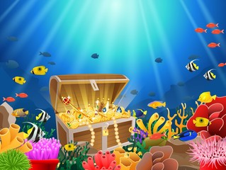 Fototapeta premium Treasure chest in underwater background. Vector illustration