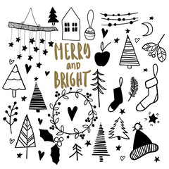 Christmas doodles. Hand drawn vector icons. Xmas and New Year scrapbooking stickers. Chrirstmas tree, garland, sock, mitens, house. Simple scandinavian style. Merry and bright.