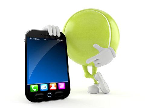 Tennis ball character with smart phone
