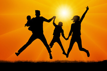 Family in jumping at sunset silhouette vector