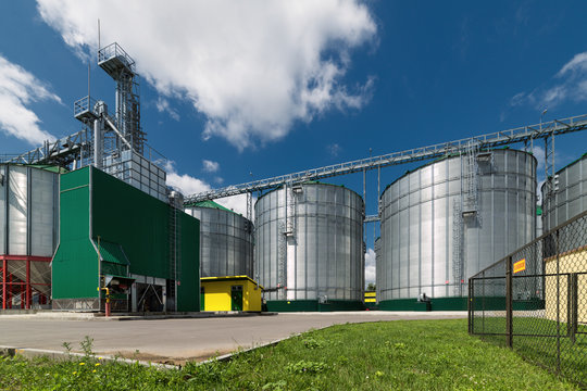 Large steel silos for storing barley and wheat.