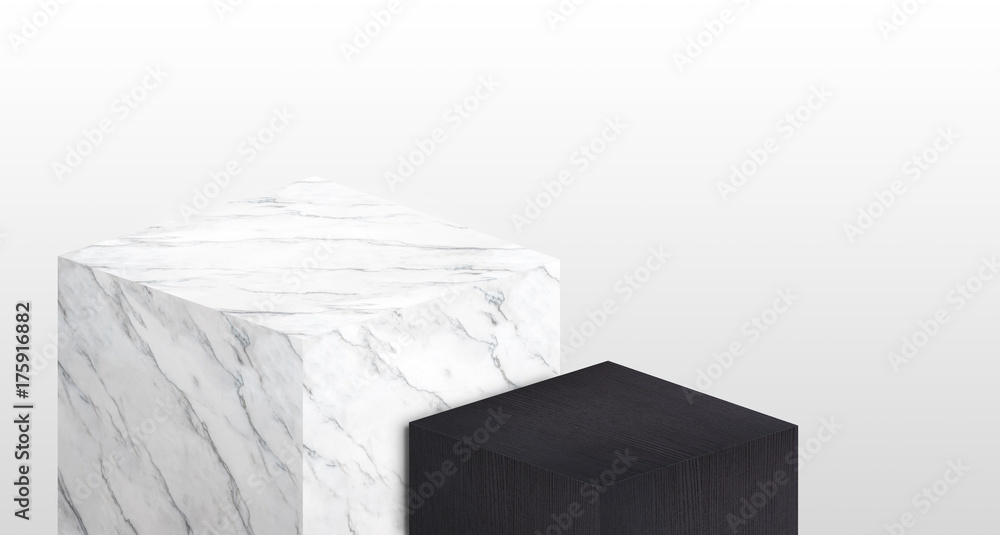 Poster product display stand made from white marble and black wood in two step with copy space for display 