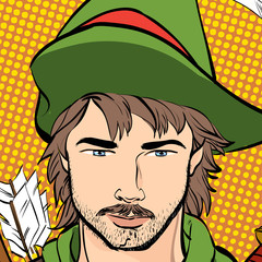 Robin Hood in a hat with feather. Defender of weak. Medieval legends. Heroes of medieval legends. Halftone background.