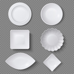 Different shapes of realistic food plates, dishes and bowls vector set