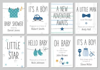Fototapeten Baby shower invitations. Baby boy arrival and shower cards collection. Vector invitations with baby dress, car, star, bow tie, socks, pin, bottle. © Oksana L