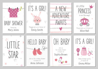 Baby shower invitations. Baby girl arrival and shower cards collection. Vector invitations with baby dress, bunny, heart, carriage, socks, pin, bottle.