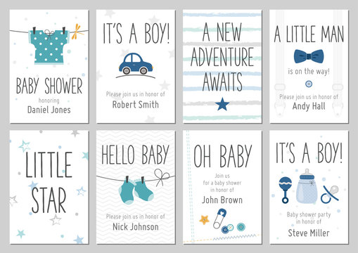 Baby shower invitations. Baby boy arrival and shower cards collection. Vector invitations with baby dress, car, star, bow tie, socks, pin, bottle.