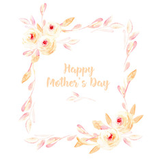 Frame with watercolor pink roses and branches, hand painted on a white background, template floral design for wedding and birthday cards 