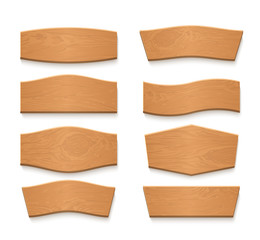 Cartoon wooden brown plate empty vector banners. Vintage wood ribbons set