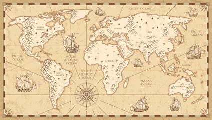 Poster Carte du monde Carte du monde physique vintage avec illustration vectorielle de rivières et de montagnes
