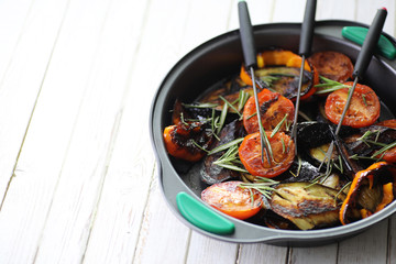 Vegetables grilled pan fried eggplant and tomatoes