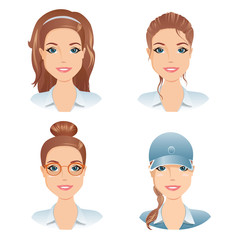 Different female hairstyles. For the girl, young adult, woman with brown hair, / flat design, vector cartoon illustration
