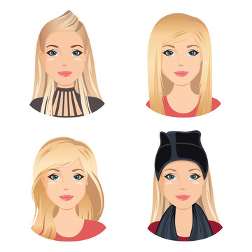 Different female hairstyles. For the girl, young adult, woman with blonde hair, / flat design, vector cartoon illustration