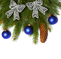 Christmas background. Top view with copy space. fir tree with cone isolated on white background