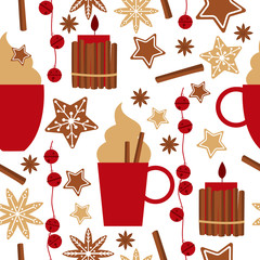 Christmas background  with coffee and cookies.Vector  illustration.