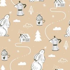 Hand drawn vector abstract cartoon scandinavian Christmas outdoor landscape seamless pattern with rabbit,coffee,mug,christmas trees,houses and snowflakes isolated on craft paper background