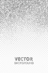 Falling glitter confetti. Vector silver dust isolated on transparent background. Sparkling glitter border, festive frame.