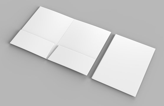 Blank white reinforced pocket folders on grey background for mock up. 3D rendering.