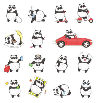 Set Of Cute Panda Character With Different Emotions, Isolated On White Background