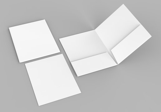 Blank white reinforced pocket folders on grey background for mock up. 3D rendering.