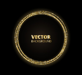 Golden sparkle background, glitter circle frame. Black and gold vector dust.
