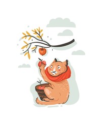 Hand drawn vector abstract greeting cartoon autumn illustration with cute cat farmer character collected apple harvest with berries,leaves and branches isolated on white background.