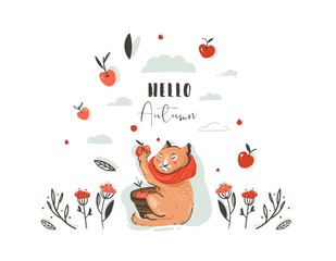 Hand drawn vector abstract greeting cartoon autumn illustration set with cute cat character collected apple harvest with berries,leaves,branch and typography Hello autumn isolated on white background.