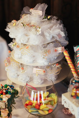 White packages with crystals and sweets