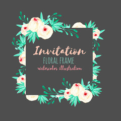 Frame with watercolor pink roses and mint palm leaves, hand painted on a dark background, template floral design for wedding and birthday cards 