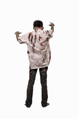 Back view of asian zombie man with blood in his clothes