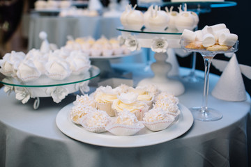 Obraz na płótnie Canvas White chocolate cookies and cupcakes stand on a glass plate