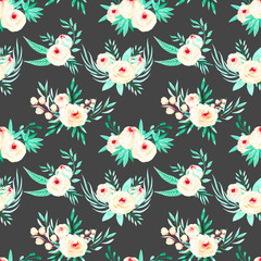 Fototapeta na wymiar Seamless floral pattern with watercolor pink roses and mint herbs bouquets, hand painted on a dark background