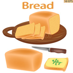 Bread isolated on white background. Wheat white bread. Loaf of bread sliced for sandwiches. Bakery product. Vector illustration.