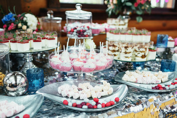 Pink and chocolate sweets served on silver candy bar