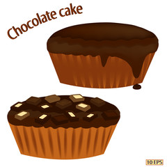 Chocolate cake isolated on white background. Chocolate cake drizzled with chocolate icing. Chocolate pie closeup. Sweet dessert. Vector illustration.