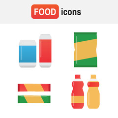 Snack chips bag vector. Fast food snacks and drinks flat vector icons. Fastfood icons